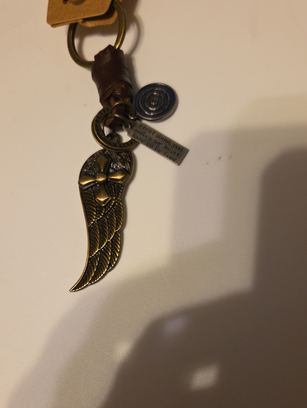 Bronze Angel Wing Charm Keychain - Brown Leather Accent